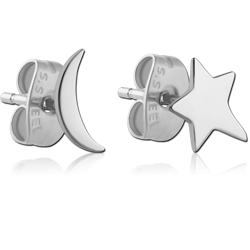 SURGICAL STEEL GRADE 316L EAR STUDS PAIR - STAR CRESCENT