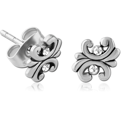 SURGICAL STEEL GRADE 316L JEWELED EAR STUDS PAIR - FILIGREE