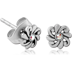 SURGICAL STEEL GRADE 316L JEWELED EAR STUDS PAIR - FILIGREE