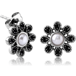 SURGICAL STEEL GRADE 316L JEWELED EAR STUDS PAIR WITH SYNTATIC PEARL - FLOWER