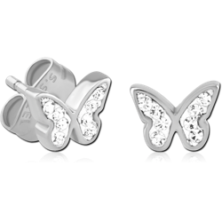 PAIR OF SURGICAL STEEL GRADE 316L CRYSTALINE JEWELED EAR STUDS-BUTTERFLY