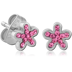 PAIR OF SURGICAL STEEL GRADE 316L CRYSTALINE JEWELED EAR STUDS-FLOWER
