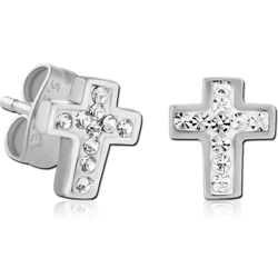 PAIR OF SURGICAL STEEL GRADE 316L VALUE CRYSTALINE JEWELED EAR STUDS-CROSS