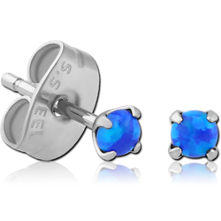 PAIR OF SURGICAL STEEL GRADE 316L ROUND ORGANIC SYNTHETIC OPAL PRONG SET JEWELED EAR STUDS