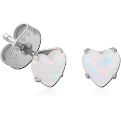 PAIR OF SURGICAL STEEL GRADE 316L HEART ORGANIC SYNTHETIC OPAL PRONG SET JEWELED EAR STUDS