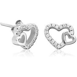 STERLING 925 SILVER JEWELED EAR STUDS PAIR - TWO HEARTS