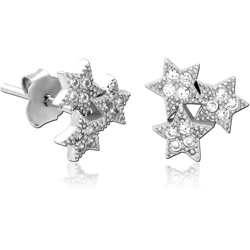 STERLING 925 SILVER JEWELED EAR STUDS PAIR - TRIPLE STAR