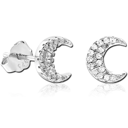 STERLING 925 SILVER JEWELED EAR STUDS PAIR - CRESCENT