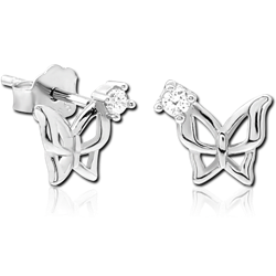 STERLING 925 SILVER JEWELED EAR STUDS PAIR - BUTTERFLY