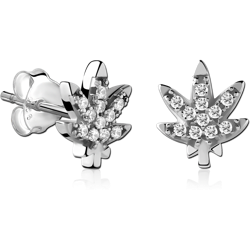 STERLING 925 SILVER JEWELED EAR STUDS PAIR - LEAF