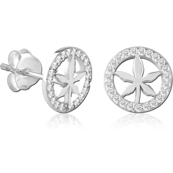 STERLING 925 SILVER JEWELED EAR STUDS PAIR - LEAF