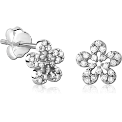 STERLING 925 SILVER JEWELED EAR STUDS PAIR - FLOWER