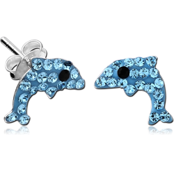 STERLING 925 SILVER JEWELED EAR STUDS PAIR - DOLPHIN