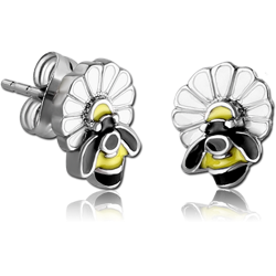 STERILE SURGICAL STEEL GRADE 316L EAR STUDS PAIR - BEE ON FLOWER