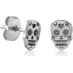 STERILE SURGICAL STEEL GRADE 316L EAR STUDS PAIR - FANCY SKULL