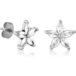 316L SURGICAL STEEL GRADE 316L STUD EARRINGS FIVE PETAL CLEAR MARQUISE GEM FLOWER PAIR
