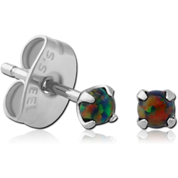 STERILE SURGICAL STEEL GRADE 316L ROUND SYNTHETIC OPAL PRONG SET JEWELED EAR STUDS PAIR