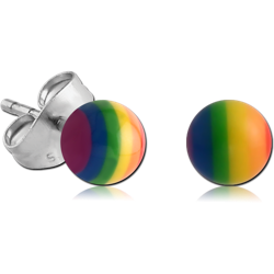 STERILE PAIR OF UV POLYMER RAINBOW BALL EAR STUDS