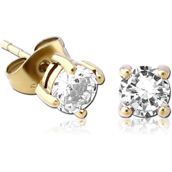 ZIRCON GOLD PVD COATED SURGICAL STEEL GRADE 316L JEWELED EAR STUDS PAIR