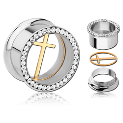 STAINLESS STEEL GRADE 304 DOUBLE FLARED THREADED JEWELED TUNNEL WITH REMOVABLE CROSS
