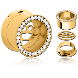 GOLD PVD COATED STAINLESS STEEL GRADE 304 DOUBLE FLARED THREADED JEWELED TUNNEL WITH REMOVABLE BASE METAL KNUCKLES