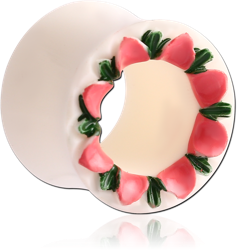 CARVED ORGANIC BONE DOUBLE FLARED FLOWER TUNNEL PINK - GREEN