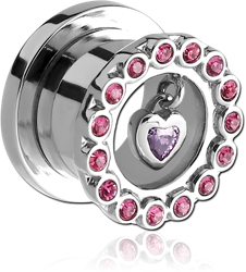 STAINLESS STEEL GRADE 304 JEWELED THREADED TUNNEL WITH HEART CHARM