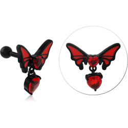 316L BLACK PVD COATED SURGICAL STEEL GRADE 316L BARBELL RED BAT HEART WITH HEART CHARM