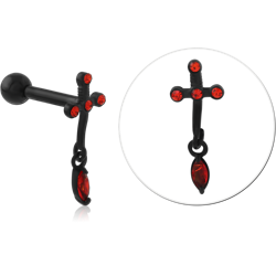 316L BLACK PVD COATED SURGICAL STEEL GRADE 316L BARBELL RED GEM WITH CROSS AND MARQUISE CHARMS