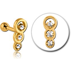 GOLD PVD COATED SURGICAL STEEL GRADE 316L JEWELED TRAGUS MICRO BARBELL - THREE CIRCLES