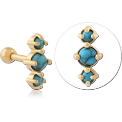316L GOLD PVD COATED SURGICAL STEEL GRADE 316L BARBELL TURQUOISE TRIPLE STONE PRONG CLUSTER