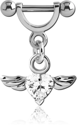 SURGICAL STEEL GRADE 316L HELIX SHIELD WITH RHODIUM PLATED JEWELED WING HEART CHARM