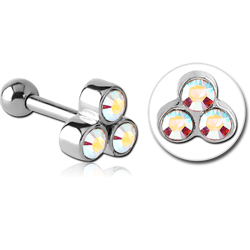 SURGICAL STEEL GRADE 316L TRIPLE JEWELED TRAGUS MICRO BARBELL