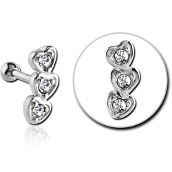 SURGICAL STEEL GRADE 316L JEWELED TRAGUS MICRO BARBELL - THREE HEARTS