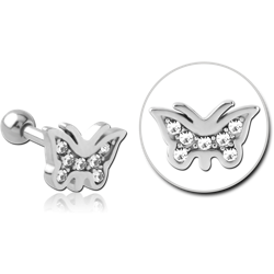SURGICAL STEEL GRADE 316L JEWELED TRAGUS MICRO BARBELL - BUTTERFLY