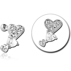 SURGICAL STEEL GRADE 316L JEWELED TRAGUS MICRO BARBELL - THREE HEARTS