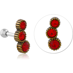 ANTIQUE BRASS PVD STEEL TOP WITH 316L SURGICAL STEEL GRADE 316L TRAGUS BARBELL RED GEM TRIO