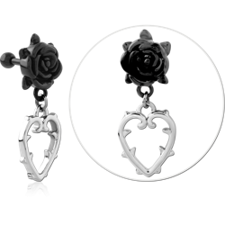 SURGICAL STEEL GRADE 316L JEWELED TRAGUS MICRO BARBELL-ROSE AND HEART WITH THORNS
