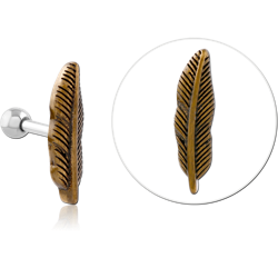SURGICAL STEEL GRADE 316L TRAGUS ANTIQUE BRASS PVD COATED  MICRO BARBELL - FEATHER