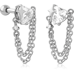 316L SURGICAL STEEL GRADE 316L TRAGUS BARBELL HEART GEM WITH STAR AND DOUBLE CHAIN CHARMS