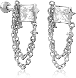 316L SURGICAL STEEL GRADE 316L BARBELL SQUARE CLEAR GEM WITH STAR CHARM AND DOUBLE CHAINS