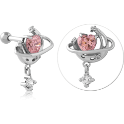 316L SURGICAL STEEL GRADE 316L TRAGUS BARBELL PINK HEART GEM PLANET WITH DANGLE CHARM