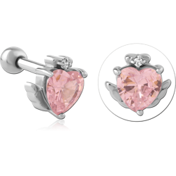 316L SURGICAL STEEL GRADE 316L MICRO BARBELL TRAGUS HELIX HEART PINK GEM WITH WINGS