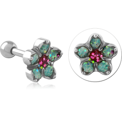 316L SURGICAL STEEL GRADE 316L BARBELL FLOWER TOP GREEN GLITTER PETALS PINK GEM CENTER
