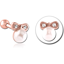 ROSE GOLD PVD COATED SURGICAL STEEL GRADE 316L JEWELED TRAGUS MICRO BARBELL - BOW AND PEARL