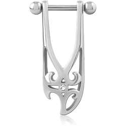 SURGICAL STEEL GRADE 316L CARTILAGE SHIELD ORNATE CUTOUT SINGLE CLEAR GEM WITH BARBELL TOP